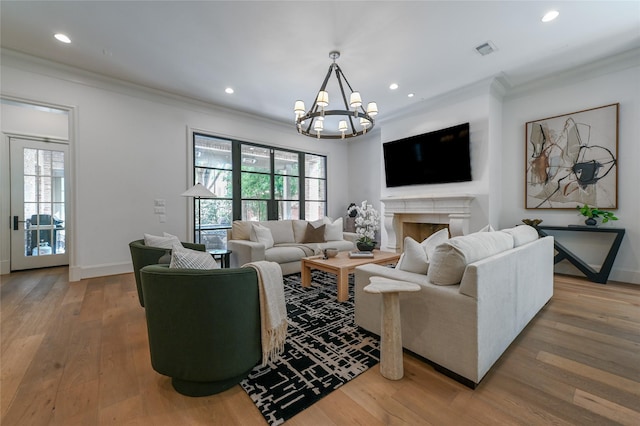 3028 Locke Ln, Houston, TX 77019 - living room with a chandelier, crown molding, plenty of natural light, recessed lighting, and wood finished floors