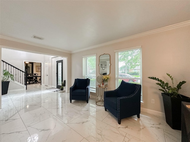 7902 Granite Ridge Ln, Houston, TX 77095 - living area with ornamental molding, stairway, and light marble finish floors