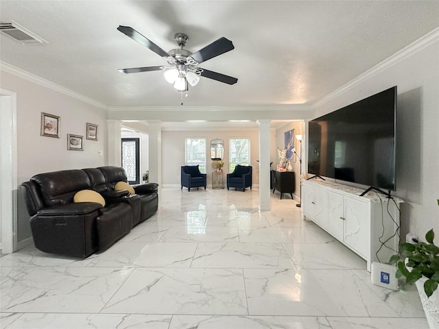 7902 Granite Ridge Ln, Houston, TX 77095 - living area with ornate columns, ornamental molding, and a ceiling fan