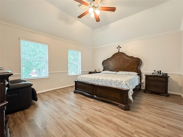 7902 Granite Ridge Ln, Houston, TX 77095 - bedroom featuring light wood-type flooring, lofted ceiling, and a ceiling fan