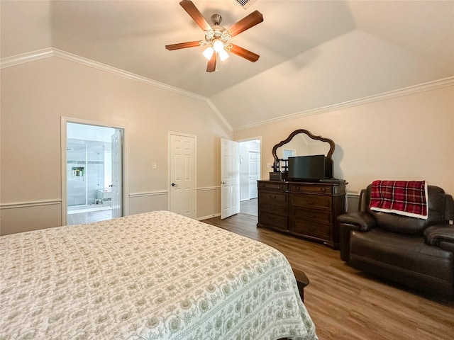7902 Granite Ridge Ln, Houston, TX 77095 - bedroom featuring lofted ceiling, wood finished floors, ornamental molding, a ceiling fan, and ensuite bath