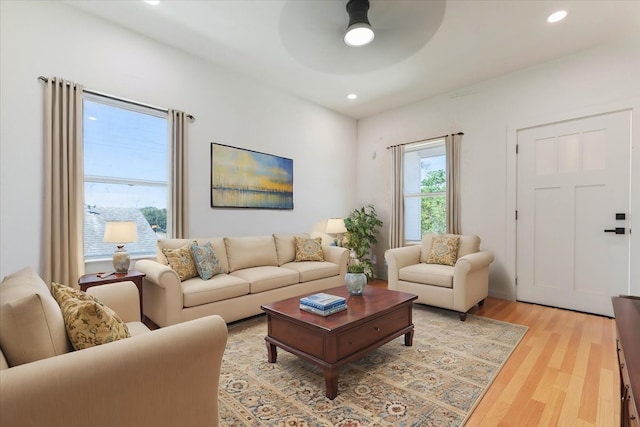9804-9808 Pelsey St, Houston, TX 77029 - living room with ceiling fan, light wood-style flooring, and recessed lighting