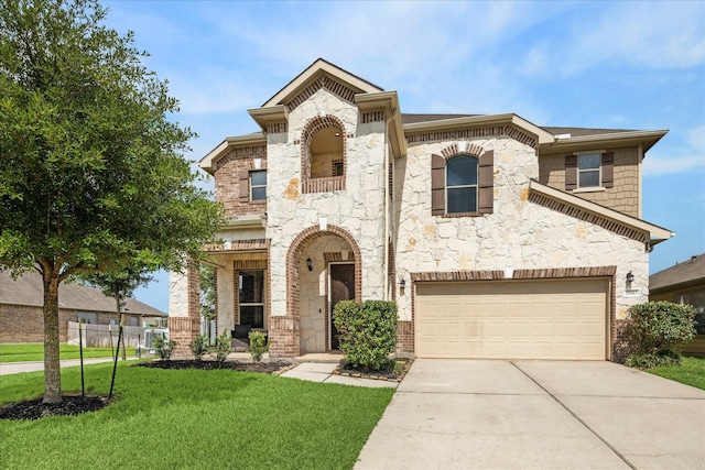 29513 Salem Fields Dr, Spring, TX 77386 - french country inspired facade featuring stone siding, a balcony, driveway, and a garage