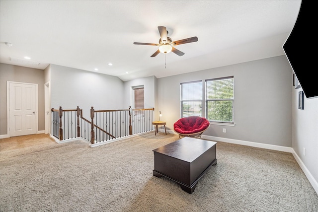 29513 Salem Fields Dr, Spring, TX 77386 - sitting room with an upstairs landing, carpet, a ceiling fan, and recessed lighting