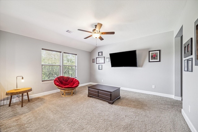 29513 Salem Fields Dr, Spring, TX 77386 - living area featuring carpet floors, a ceiling fan, and vaulted ceiling