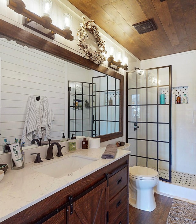 3114 Whetrock Ln, Sugar Land, TX 77479 - full bathroom with wood finished floors, vanity, a shower stall, and wood ceiling
