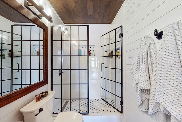 3114 Whetrock Ln, Sugar Land, TX 77479 - bathroom with a shower stall, wood ceiling, and ornamental molding
