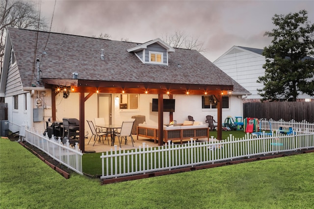 2014 Spillers Ln, Houston, TX 77043 - rear view of property featuring a fenced backyard, roof with shingles, a patio area, and an outdoor hangout area