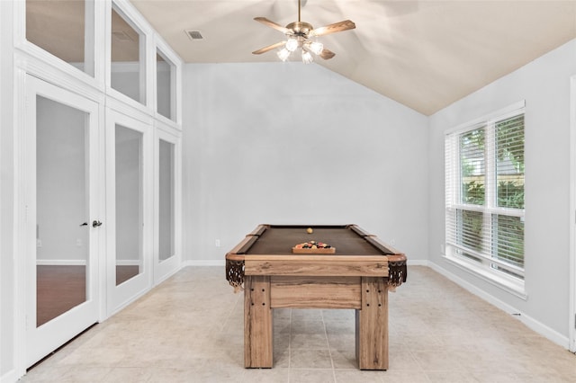 16439 Willingham Way, Houston, TX 77095 - recreation room featuring pool table, lofted ceiling, french doors, and a ceiling fan