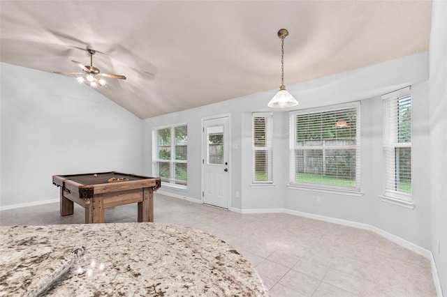 16439 Willingham Way, Houston, TX 77095 - rec room featuring pool table, a ceiling fan, plenty of natural light, light tile patterned flooring, and lofted ceiling