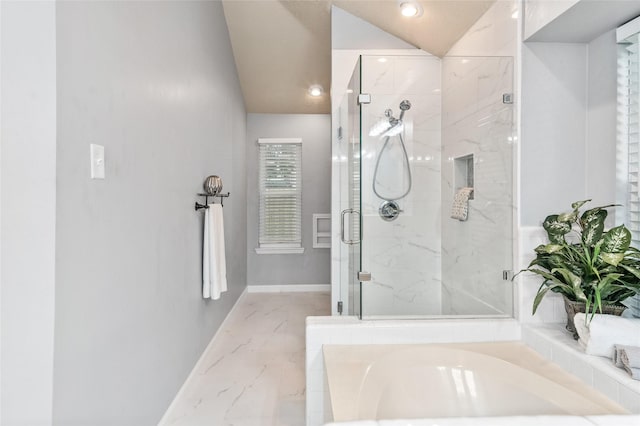16439 Willingham Way, Houston, TX 77095 - bathroom featuring marble tiled floors, a marble finish shower, lofted ceiling, a bath, and recessed lighting