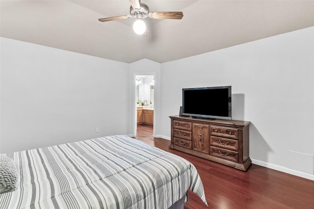 16439 Willingham Way, Houston, TX 77095 - bedroom with lofted ceiling, dark wood-type flooring, a ceiling fan, and ensuite bathroom