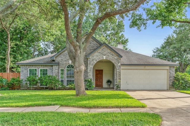 16439 Willingham Way, Houston, TX 77095 - view of front facade featuring a garage, driveway, a chimney, brick siding, and roof with shingles