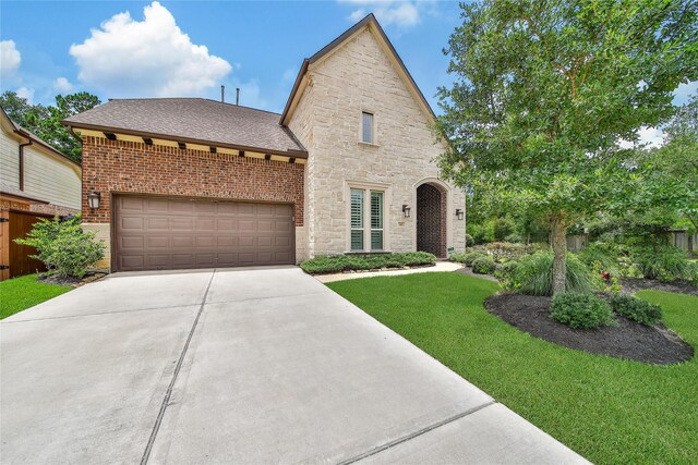 145 Bronze Bow Dr, Montgomery, TX 77316 - view of front of house featuring driveway, a front lawn, stone siding, brick siding, and roof with shingles