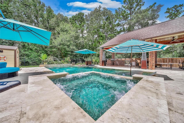 145 Bronze Bow Dr, Montgomery, TX 77316 - view of pool with a patio area, a pool with connected hot tub, and ceiling fan