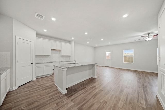 25017 Pomegranate Pl, Montgomery, TX 77316 - kitchen featuring tasteful backsplash, wood finished floors, white cabinetry, ceiling fan, and light stone counters