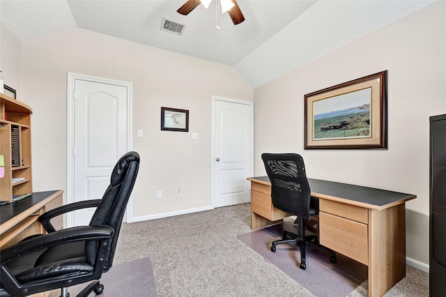6318 Crystal Forest Trl, Katy, TX 77493 - office area with lofted ceiling, ceiling fan, and carpet floors