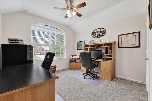 6318 Crystal Forest Trl, Katy, TX 77493 - home office with vaulted ceiling, light colored carpet, and ceiling fan