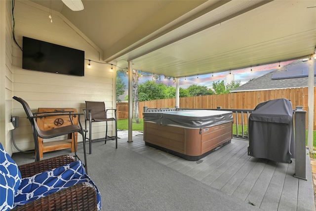6318 Crystal Forest Trl, Katy, TX 77493 - wooden terrace featuring a fenced backyard, a hot tub, and grilling area