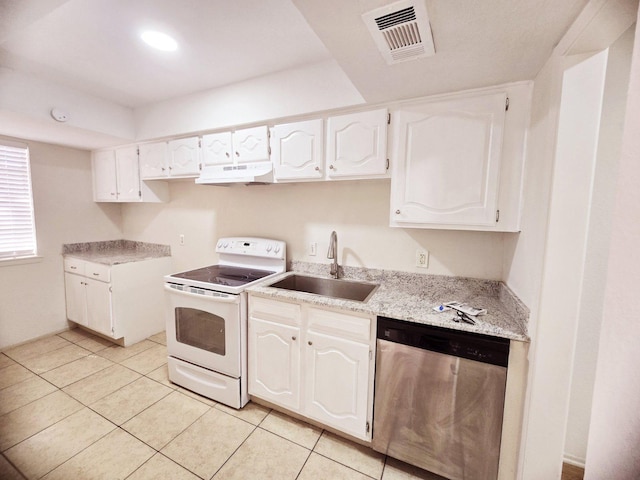 7837 Leonora St, Houston, TX 77061 - kitchen featuring white range with electric stovetop, dishwasher, under cabinet range hood, white cabinetry, and light tile patterned flooring