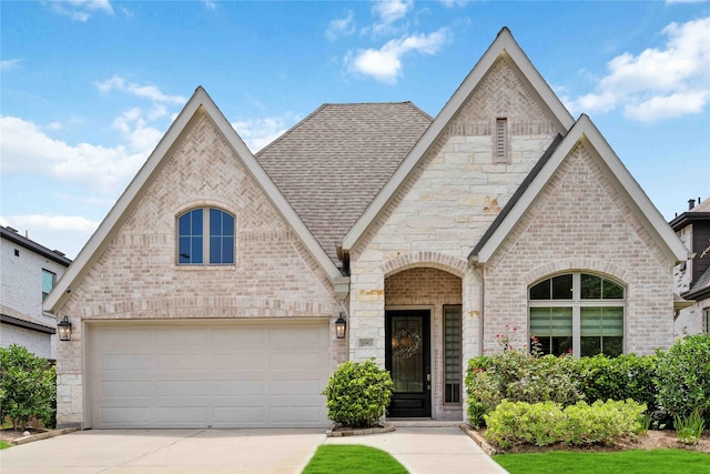 16903 Lupine Meadow Ln, Humble, TX 77346 - french country home featuring concrete driveway, brick siding, roof with shingles, a garage, and stone siding