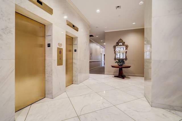 2200 Willowick Rd Unit 7B, Houston, TX 77027 - hallway featuring elevator, ornamental molding, and recessed lighting