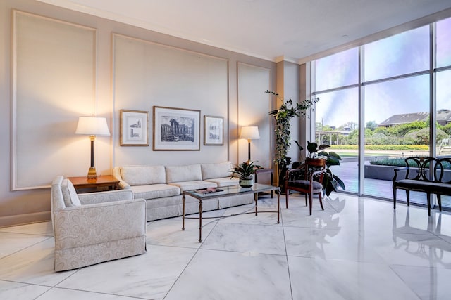 2200 Willowick Rd Unit 7B, Houston, TX 77027 - living room with marble finish flooring, floor to ceiling windows, and ornamental molding