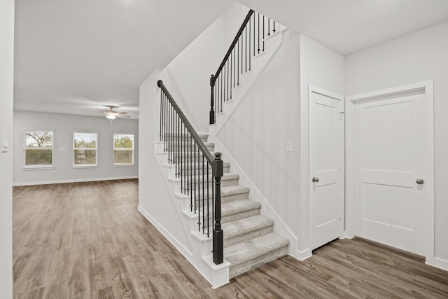 25011 Pomegranate Pl, Montgomery, TX 77316 - staircase featuring wood finished floors and ceiling fan