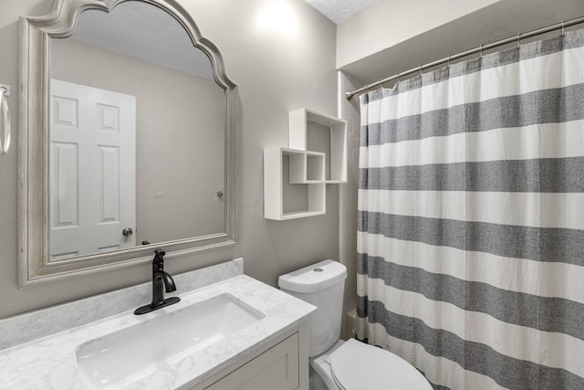 8023 Pine Falls Dr, Houston, TX 77095 - full bath with vanity, curtained shower, and a textured ceiling