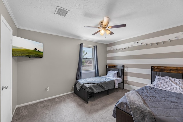 8023 Pine Falls Dr, Houston, TX 77095 - carpeted bedroom featuring ornamental molding, a textured ceiling, and ceiling fan