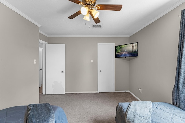 8023 Pine Falls Dr, Houston, TX 77095 - carpeted bedroom featuring crown molding and ceiling fan