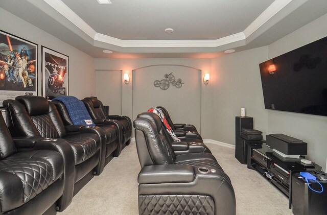 8703 Silver Crest Ln, Missouri City, TX 77459 - cinema room with carpet floors, a raised ceiling, and crown molding