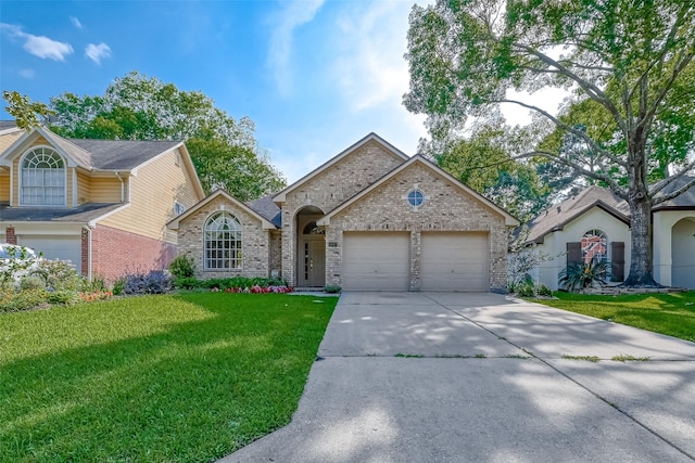 5007 Maple Brook Ln, Kingwood, TX 77345 - view of front of property with a garage, brick siding, a front lawn, and driveway