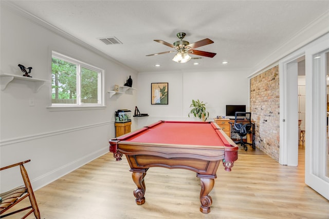 1410 Del Norte St, Houston, TX 77018 - rec room featuring pool table, ceiling fan, wood finished floors, and ornamental molding
