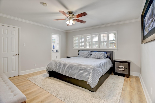 1410 Del Norte St, Houston, TX 77018 - bedroom featuring light wood-style floors, ornamental molding, a ceiling fan, and ensuite bath