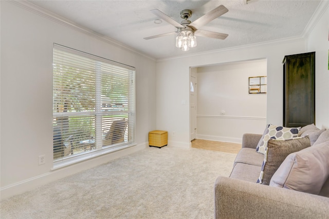 1410 Del Norte St, Houston, TX 77018 - living area with crown molding, ceiling fan, and carpet