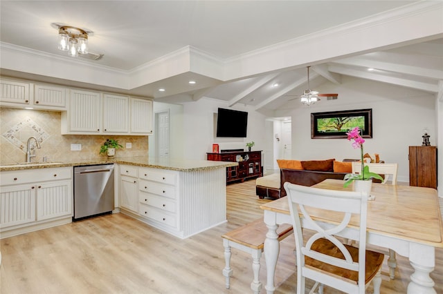 1410 Del Norte St, Houston, TX 77018 - kitchen with dishwasher, a peninsula, light wood finished floors, decorative backsplash, and recessed lighting