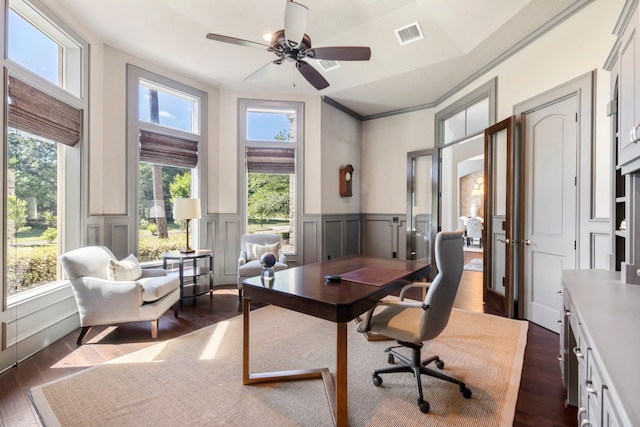 2 N Badger Lodge Cir, The Woodlands, TX 77389 - office area with a decorative wall, ceiling fan, dark wood finished floors, and a wainscoted wall