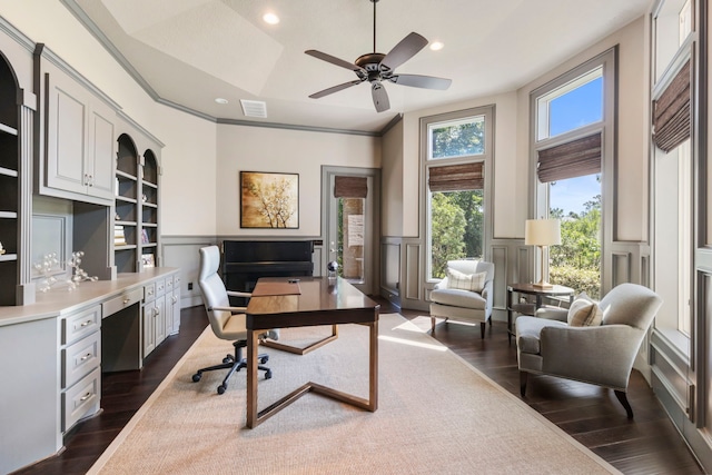 2 N Badger Lodge Cir, The Woodlands, TX 77389 - office space with a decorative wall, dark wood-style floors, ceiling fan, a wainscoted wall, and recessed lighting