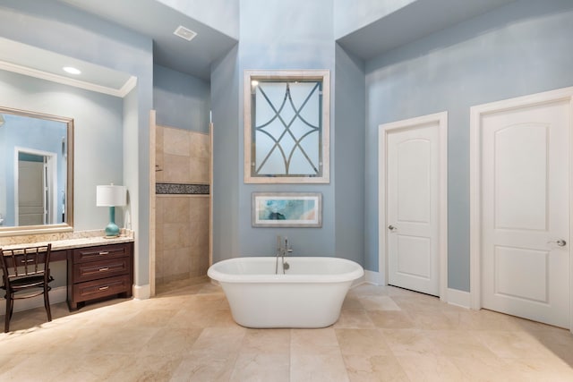 2 N Badger Lodge Cir, The Woodlands, TX 77389 - bathroom with vanity, a freestanding tub, and a tile shower