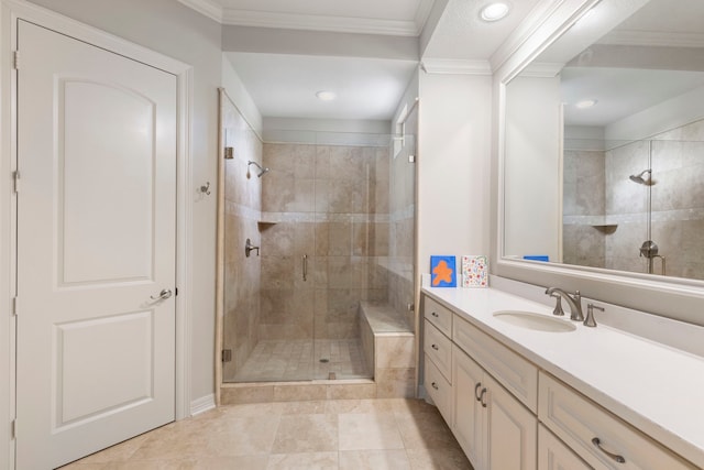 2 N Badger Lodge Cir, The Woodlands, TX 77389 - full bath with a stall shower, vanity, recessed lighting, and ornamental molding