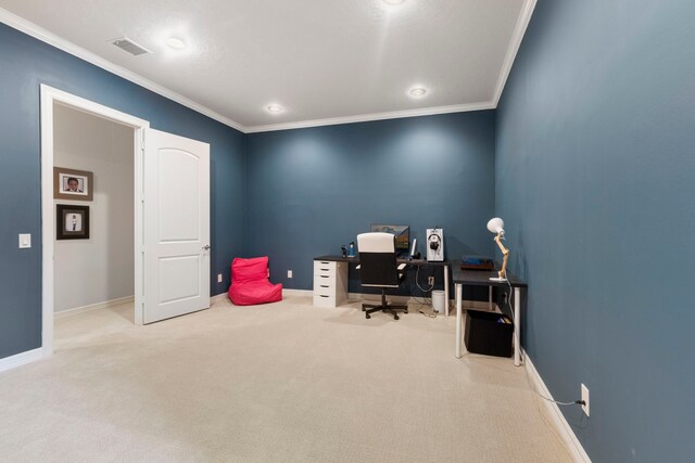 2 N Badger Lodge Cir, The Woodlands, TX 77389 - home office featuring ornamental molding, carpet flooring, and recessed lighting