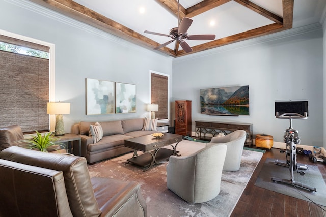 2 N Badger Lodge Cir, The Woodlands, TX 77389 - living area with wood finished floors, beam ceiling, a ceiling fan, ornamental molding, and recessed lighting