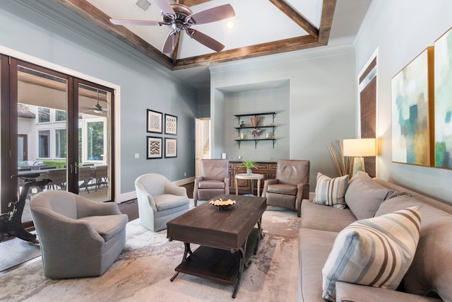 2 N Badger Lodge Cir, The Woodlands, TX 77389 - living room featuring ornamental molding and a ceiling fan