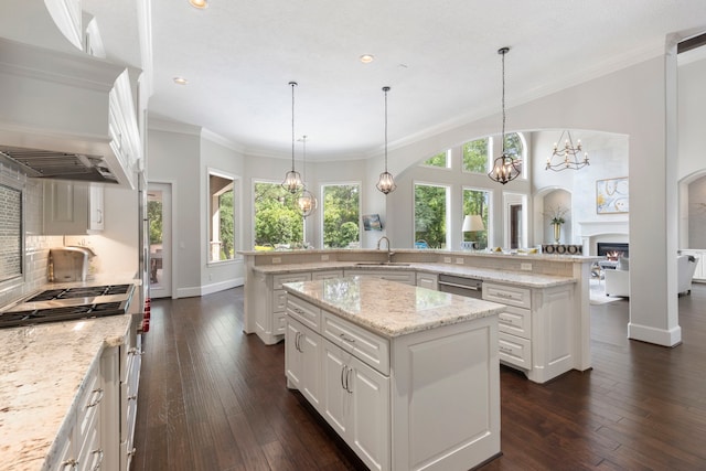 2 N Badger Lodge Cir, The Woodlands, TX 77389 - kitchen featuring a large island, a warm lit fireplace, plenty of natural light, dark wood-style floors, and recessed lighting