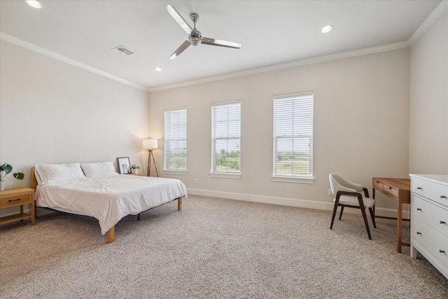 9520 London Bridge Sta, Houston, TX 77045 - bedroom featuring ornamental molding, light carpet, recessed lighting, and ceiling fan