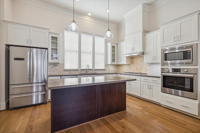 9520 London Bridge Sta, Houston, TX 77045 - kitchen with stainless steel appliances, under cabinet range hood, crown molding, white cabinets, and light wood-style floors