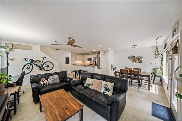 151 Anise Tree Pl, The Woodlands, TX 77382 - living room with ceiling fan, recessed lighting, and light tile patterned floors