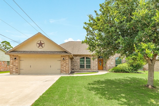 203 Poppy St, Lake Jackson, TX 77566 - view of front of home featuring brick siding, driveway, a front lawn, an attached garage, and a shingled roof