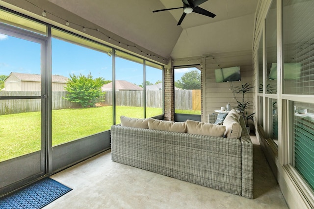 203 Poppy St, Lake Jackson, TX 77566 - sunroom / solarium featuring a ceiling fan, plenty of natural light, an outdoor hangout area, and vaulted ceiling
